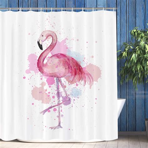 A pink flamingo stands among a scrapbook collage of beautiful flowers. This shower curtain measures 71-in width x 72-in length 12 button holes for hook placement hooks not included machine washable and printed on 100% polyester 